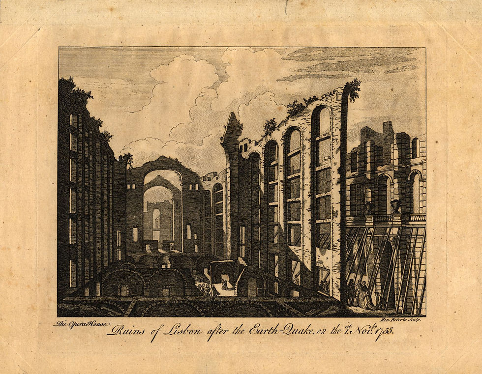 Gravura setecentista das ruínas da Ópera de Lisboa depois do terramoto de 1755.