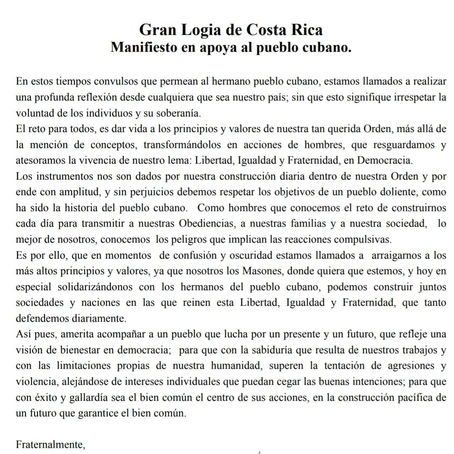 Manifiesto en apoya al pueblo cubano | Gran Logia de Costa Rica