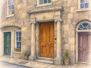 Coloured-pencil drawing of a Masonic lodge entrance with a stone façade, wooden double doors, classical columns and neighbouring doors on an old street.