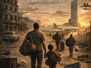Ilustração de capa com pessoas a abandonar Havana ao entardecer, avião ao fundo e edifícios degradados, simbolizando a fuga de Cuba