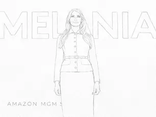 Ilustração a lápis de figura feminina em estreia cinematográfica, com fundo tipográfico minimalista