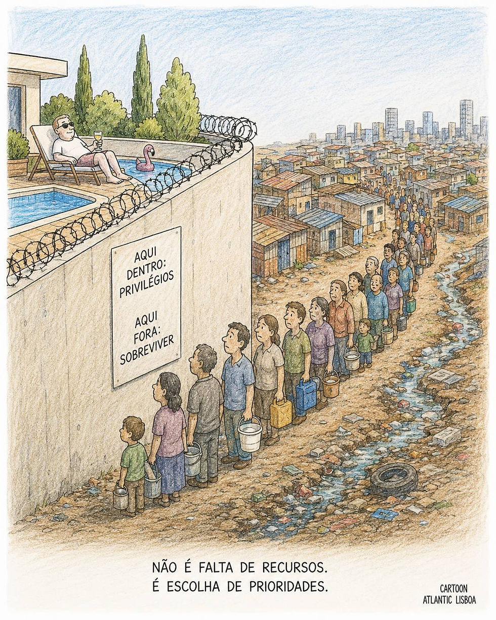 crítica sobre desigualdade social, mostrando um homem privilegiado junto a uma piscina atrás de um muro com arame farpado, enquanto uma longa fila de pessoas pobres espera do lado de fora, numa zona degradada, junto a uma placa que diz “Aqui dentro: privilégios / Aqui fora: sobreviver”.