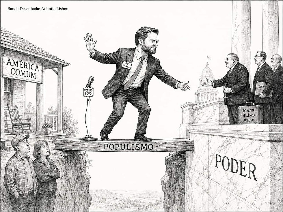 JD Vance surge numa banda desenhada de traço fino e leve, inspirada na ilustração editorial dos anos 60. O desenho brinca com uma contradição antiga da política populista: chegar ao centro do poder continuando a falar como se se estivesse cá fora a bater à porta.
