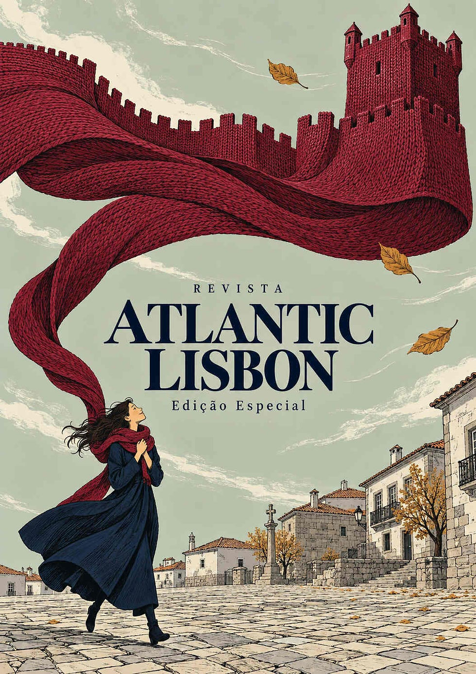 Capa da Revista Atlantic Lisbon — Edição Especial, com uma mulher cujo cachecol se transforma no castelo de Bragança.