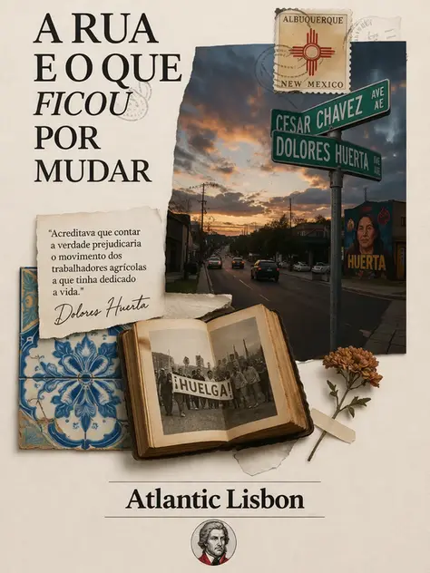 Capa editorial vertical com colagem visual dramática: sinais de rua com os nomes Cesar Chavez e Dolores Huerta, título “A Rua e o Que Ficou por Mudar” ao centro e paisagens urbanas de Albuquerque e Lisboa.