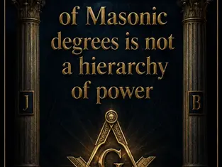 Book cover for "My Fraternity" with a dark navy blue and black background and elegant gold details. In the center is the classic Masonic Square and Compasses symbol. Main title reads: "The structure of Masonic degrees is not a hierarchy of power". Sophisticated and mysterious Masonic design with two pillars on the sides.