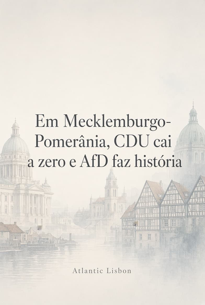 Capa vertical discreta inspirada na Alemanha, com silhuetas suaves de edifícios históricos e casas de enxaimel em tons de cinza e bege. Título central: “Em Mecklemburgo-Pomerânia, CDU cai a zero e AfD faz história”, e por baixo “Atlantic Lisbon”.