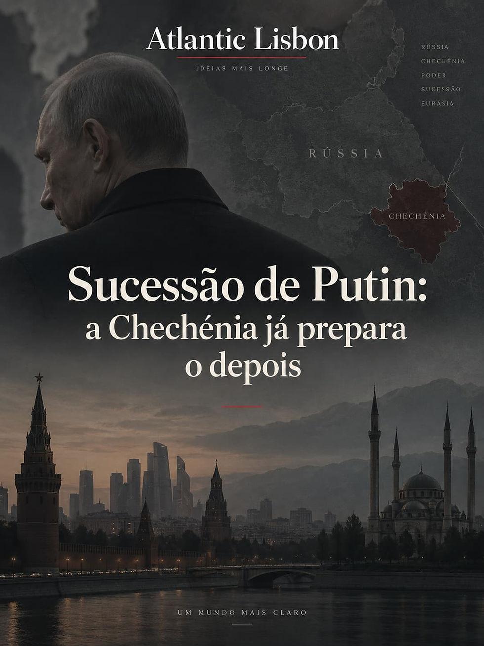 Imagem vertical sobre o futuro do poder na Rússia, destacando Vladimir Putin, Moscovo e a Chechénia.