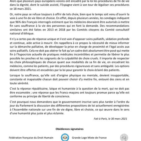 "Pour une fin de vie digne et chosie", rappel du communiqué du 30 mars 2021 |  France