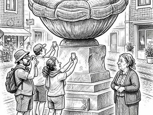 Desenho a traço sobre o pastel de nata em Lisboa: numa praça de fachadas com azulejos, três turistas fotografam um pastel de nata gigante sobre um pedestal de pedra, enquanto uma senhora de lenço na cabeça os observa.