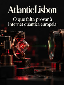 Capa do Atlantic Lisbon sobre a internet quântica europeia, com um diamante e um feixe verde numa ilustração conceptual.