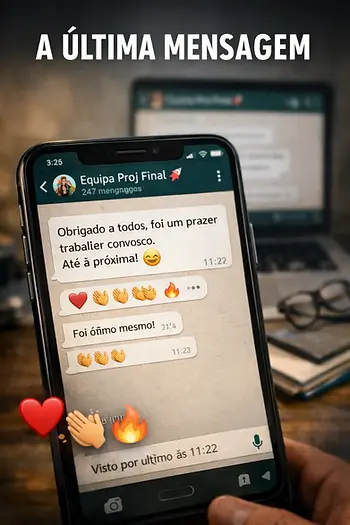 Ecrã de telemóvel com última mensagem de grupo de trabalho e reações de emojis, simbolizando o fim de um projeto e o silêncio digital que se segue.