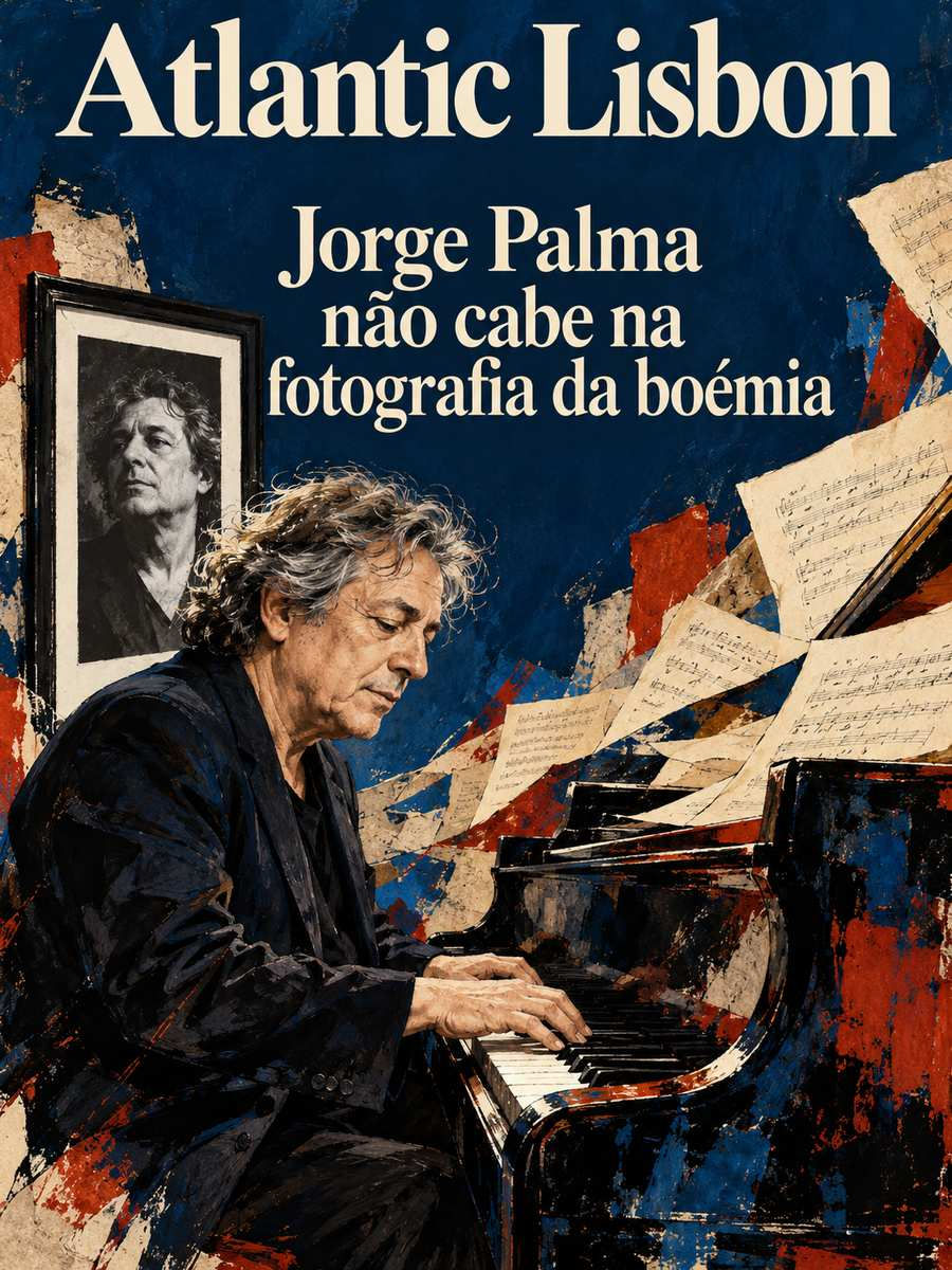 Ilustração de Jorge Palma ao piano, com partituras e um retrato emoldurado, na capa do Atlantic Lisbon.