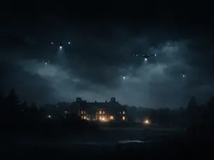 Capa conceptual com drones sobre uma casa na noite e o título “Alegado ataque à residência de Putin continua sem provas”.