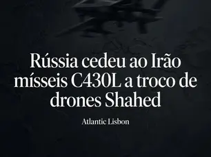 Capa escura com silhueta desfocada de drone sobre mapa-mundo e título Rússia cedeu ao Irão mísseis C430L a troco de drones Shahed