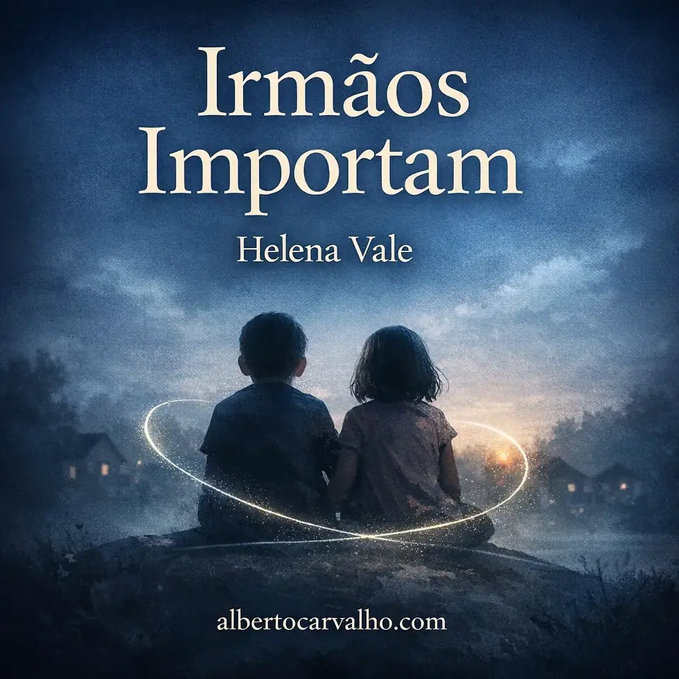 Capa ilustrada em estilo de livro com o título “Irmãos Importam”, assinatura de Helena Vale e o site albertocarvalho.com, evocando infância, laços familiares e desenvolvimento humano.