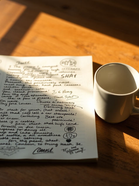 Caderno aberto e caneta sobre mesa de café, com luz de manhã a entrar pela janela, simbolizando o começo silencioso da escrita.