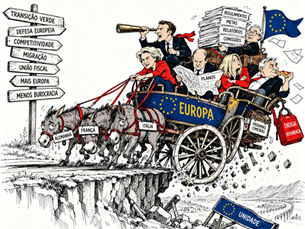 Cartoon editorial sobre a Europa representada por uma carroça carregada de líderes, documentos e regulamentos, enquanto se aproxima perigosamente de um precipício.