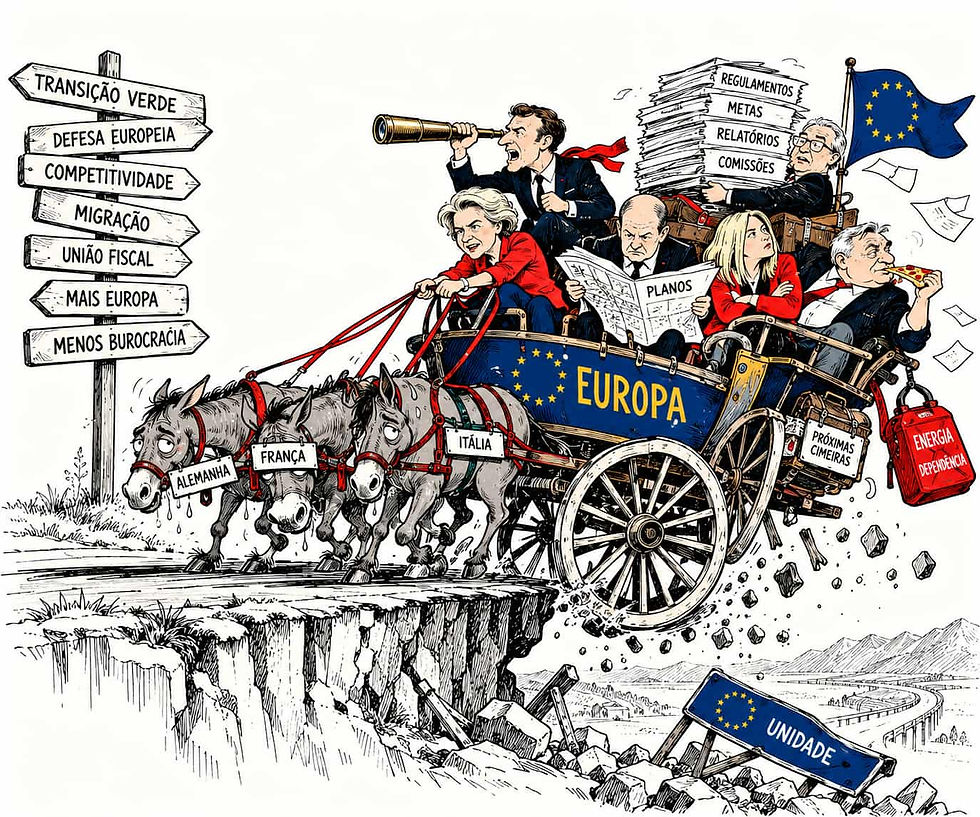 Ilustração satírica da União Europeia, mostrando uma carroça identificada como Europa, puxada por burros e carregada de relatórios, regulamentos e dirigentes com prioridades diferentes.