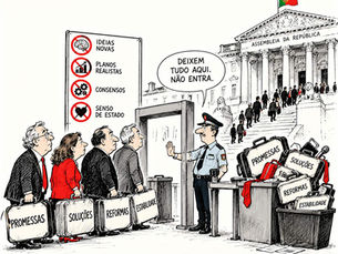 Cartoon editorial sobre a Assembleia da República, mostrando políticos a deixar malas com promessas e reformas antes de entrarem no Parlamento.