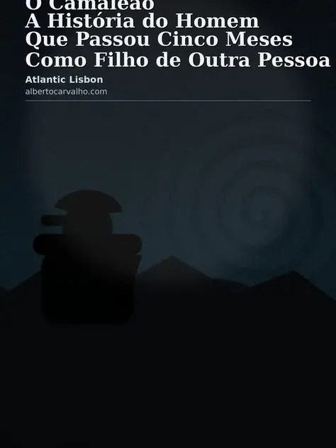 Capa “O Camaleão” com silhueta de rapaz de boné e cachecol, atmosfera sombria e elementos visuais de identidade; assinatura Atlantic Lisbon e albertocarvalho.com.