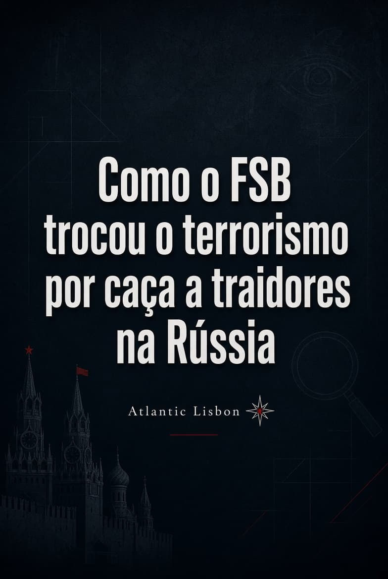 Capa do artigo “Como o FSB trocou o terrorismo por caça a traidores na Rússia” – imagem vertical com título centrado em fundo escuro, silhueta do Kremlin e elementos de vigilância, da Atlantic Lisbon