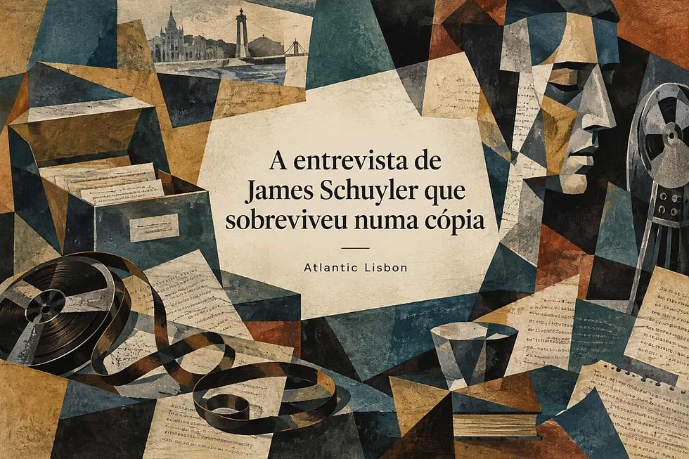 Caixa, fitas e transcrições numa composição cubista sobre a entrevista de James Schuyler