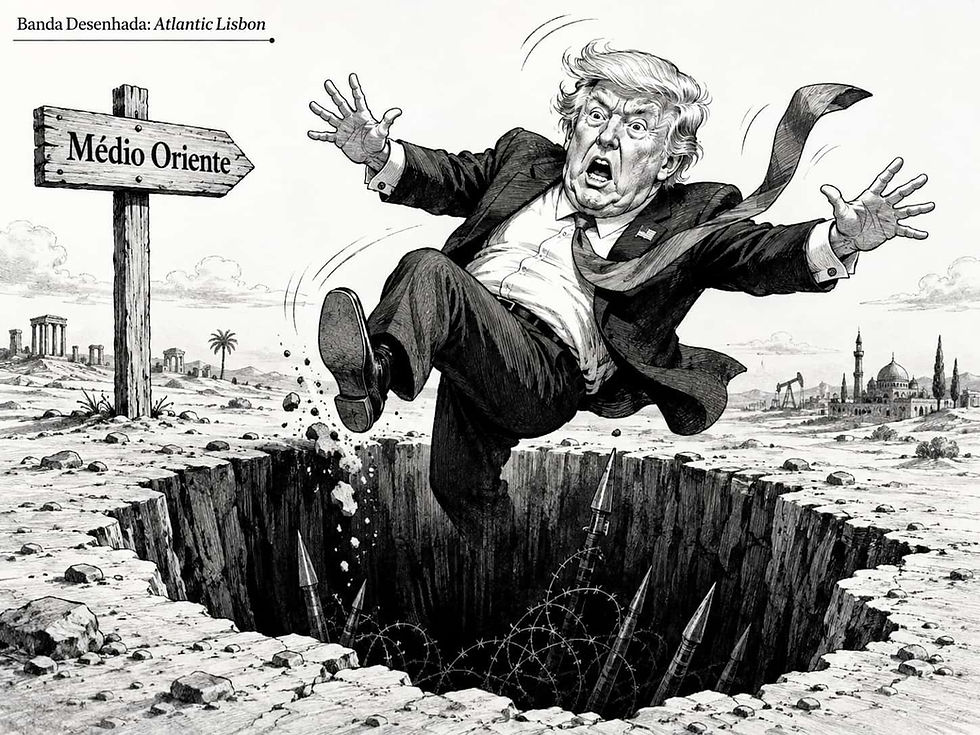 Donald Trump cai num buraco identificado com o Médio Oriente numa banda desenhada política a preto e branco.