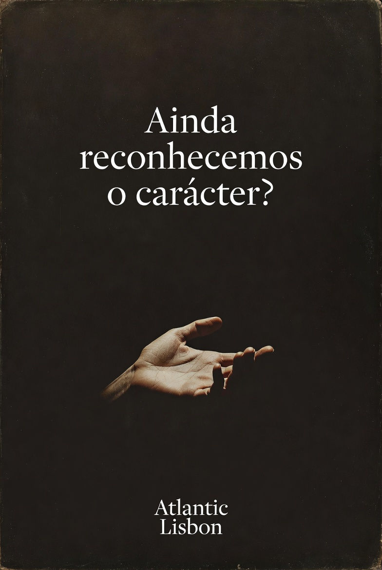 Capa editorial vertical minimalista do Atlantic Lisbon. Fundo preto profundo com uma mão humana aberta, em tom sépia suave, suspensa no centro. Título em tipografia elegante: 'Ainda reconhecemos o carácter?' e assinatura 'Atlantic Lisbon' na parte inferior