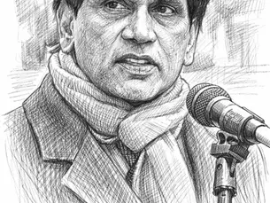 Ilustração a lápis de T. Kumar junto a um microfone, em preto e branco.