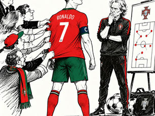 Cartoon editorial sobre Cristiano Ronaldo na Seleção e o debate em torno da camisola número sete, com Jorge Jesus a observar a cena.
