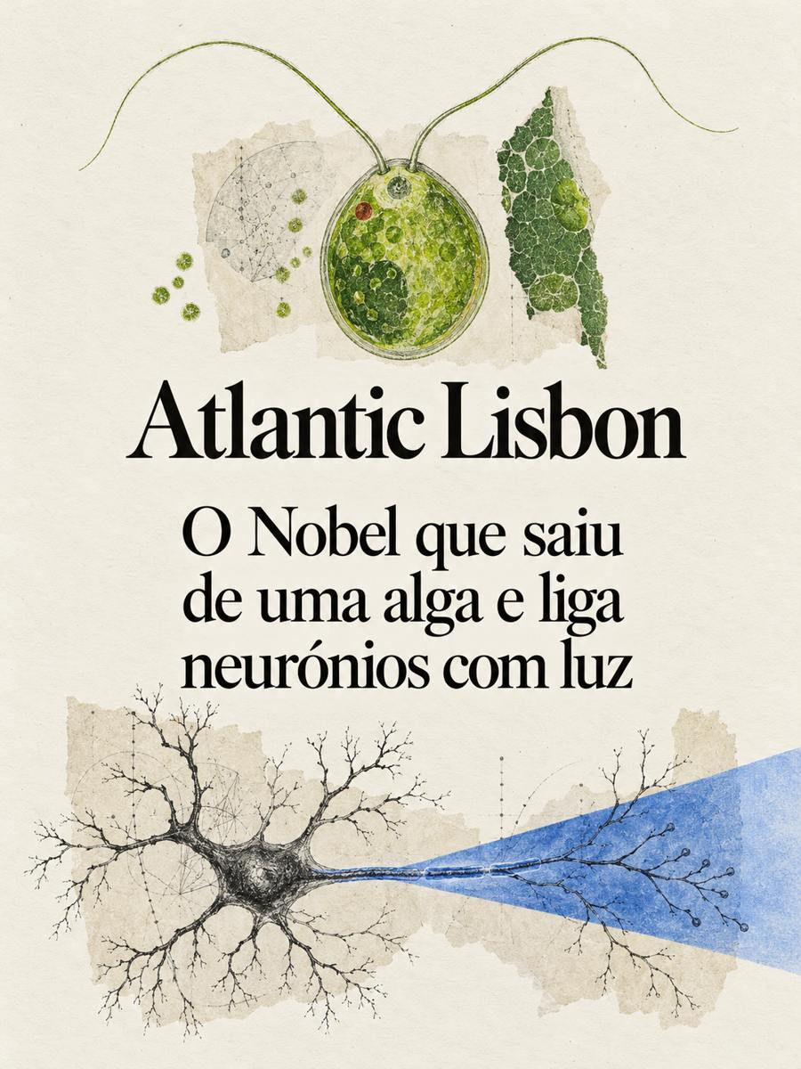 Capa Atlantic Lisbon: O Nobel que saiu de uma alga e liga neurónios com luz. Colagem editorial com uma alga, um neurónio e luz azul.