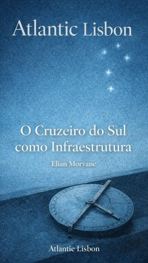 Capa editorial vertical do Atlantic Lisbon em azul celeste, com um astrolábio sobre pedra escura, o Cruzeiro do Sul ao fundo e o título “O Cruzeiro do Sul como Infraestrutura”.