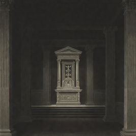 "Interior de uma loja maçónica do século XVIII com altar central e simbolismo arquitetónico, em tons escuros e atmosfera austera. Texto 'My Fraternity' no canto inferior direito.