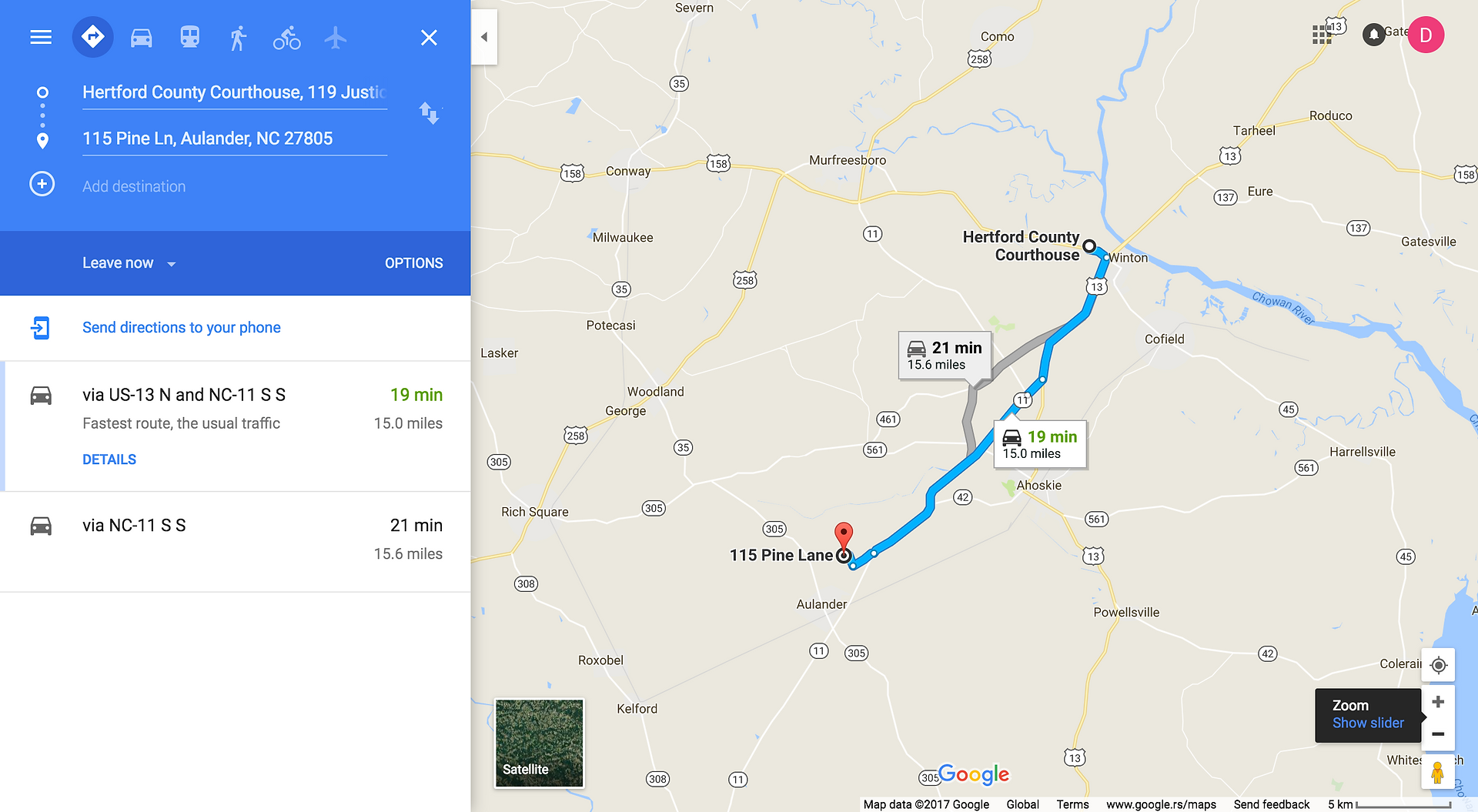 GoogleMaps - directions to Hertford County Courthouse_ 119 Justice Drive_ Winton_ NC 27986
