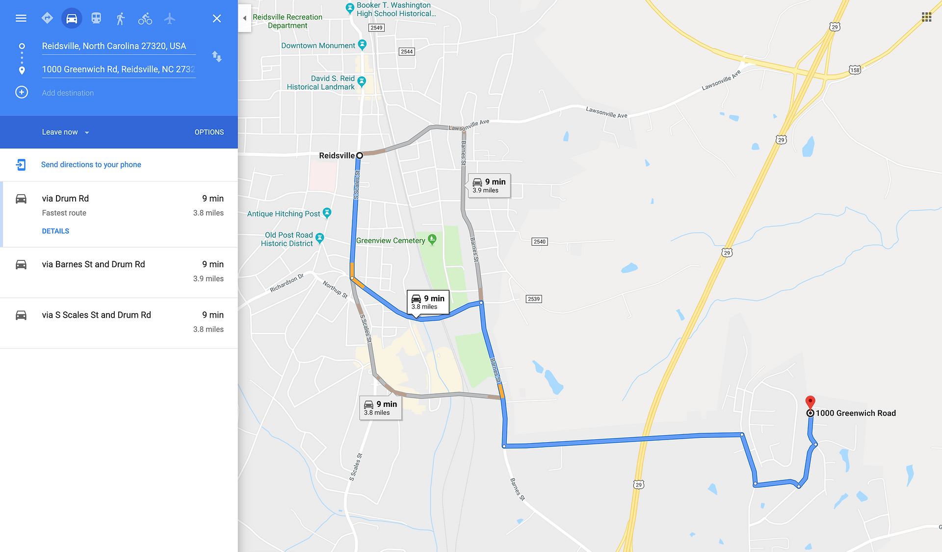 Google Directions to Reidsville, NC