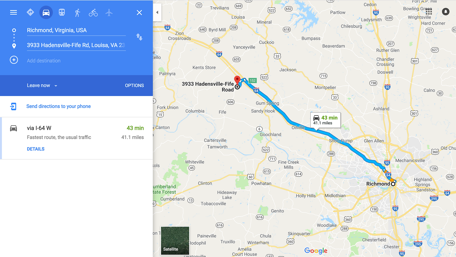 GoogleMaps - direction to Richmond, VA