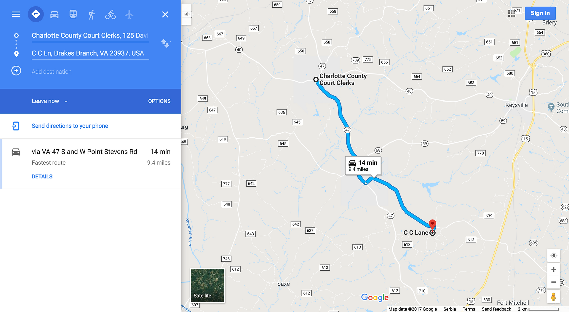 GoogleMaps - directions to Charlotte Circuit Court Clerk, 25 David Bruce Ave, Charlotte Court House, VA 23923