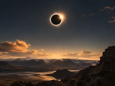 Solar eclipse over a mountain landscape