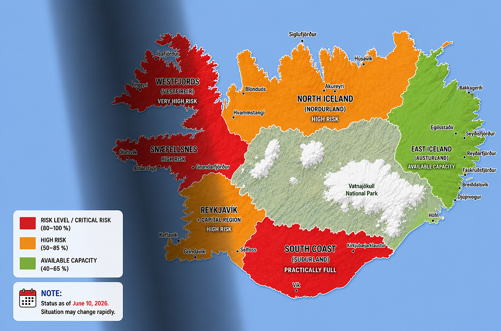 The traffic-light colors on the map indicate where accommodation can still be found in Iceland