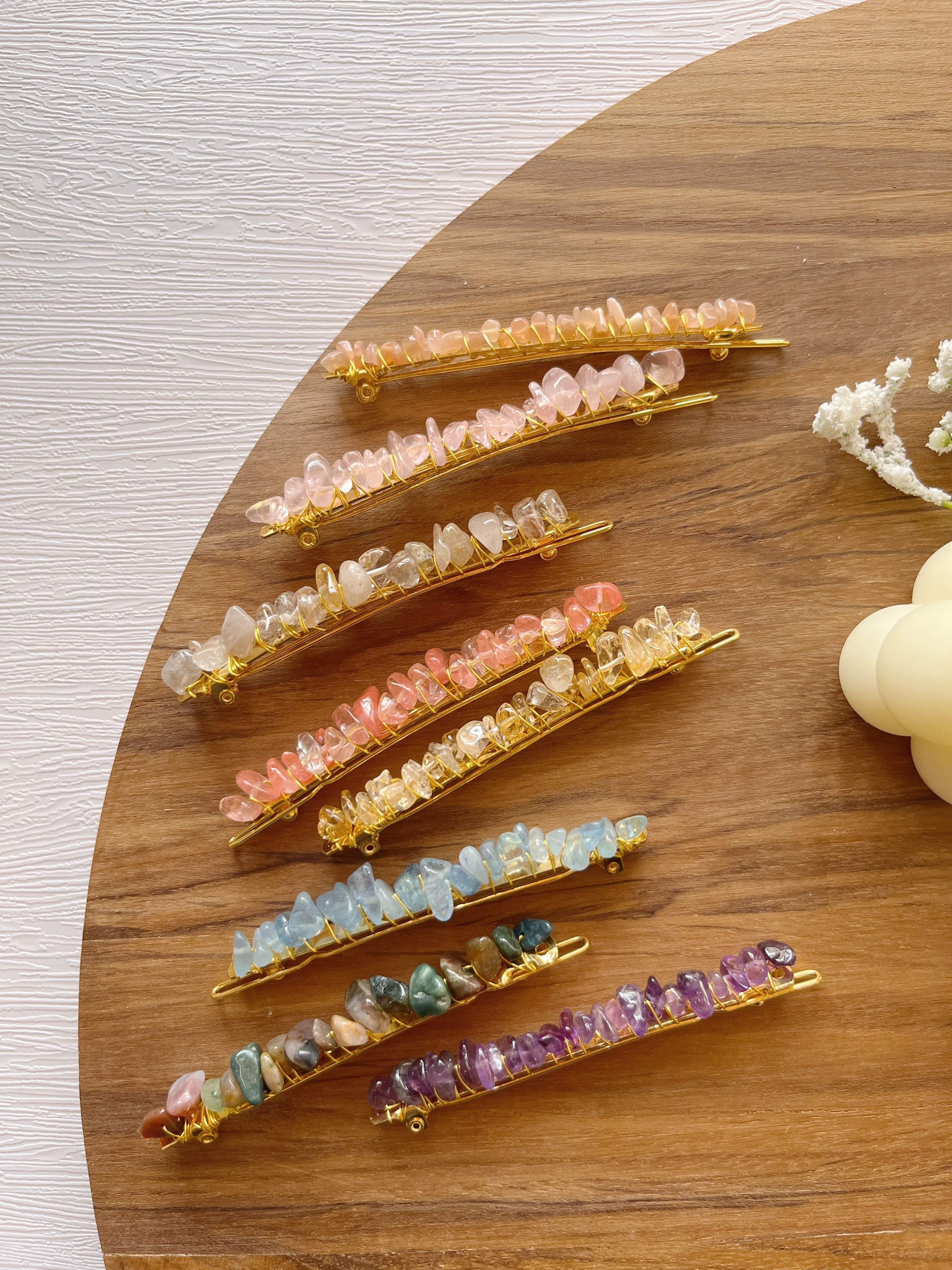 Gemstone Crystal Agate Polished Chips Beaded Hair Clip Slide Gold Hair Slide