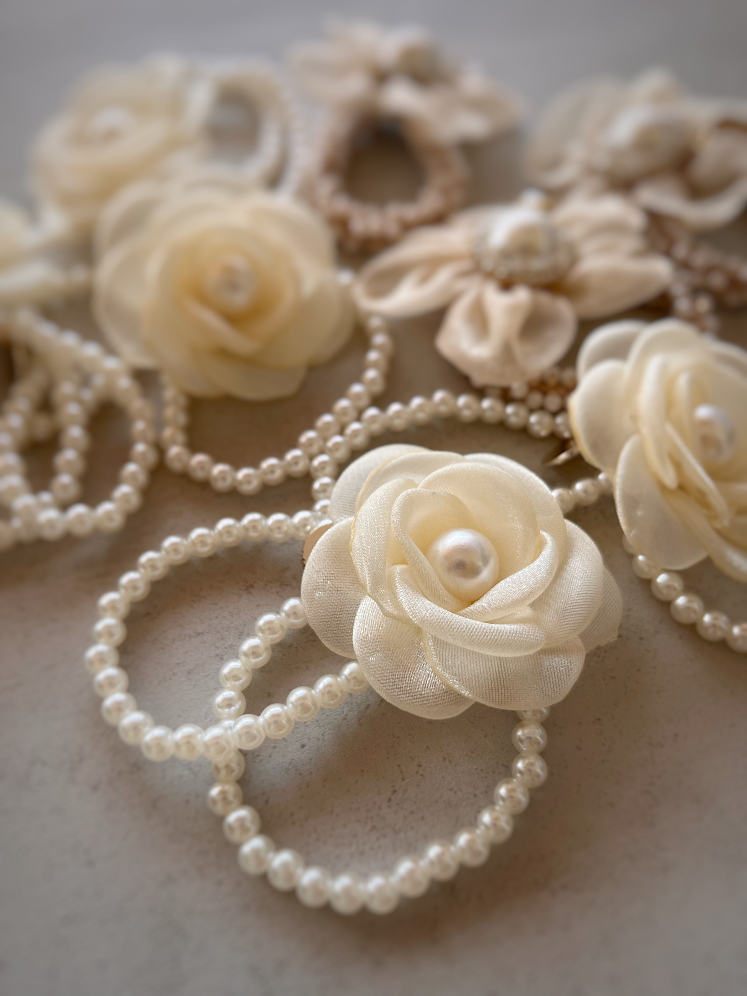 Camellia Pearl Flower Oganza Soft Scrunchies Bun Holder Elastics Ties Band