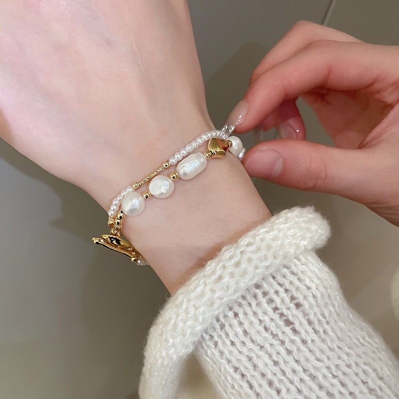 Thumbnail: Natural Unique Baroque Freshwater Pearl Layer Gold Accents Beaded Bracelet