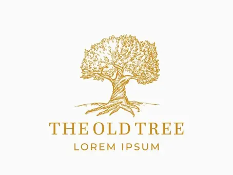 شعار ذهبي لشجرة كبيرة بجذور ممتدة مع عبارة "THE OLD TREE" وأسفلها نص تجريبي "LOREM IPSUM".