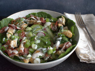 Warm chicken and bacon salad with avocado, tomatoes, cucumber and creamy ranch dressing.