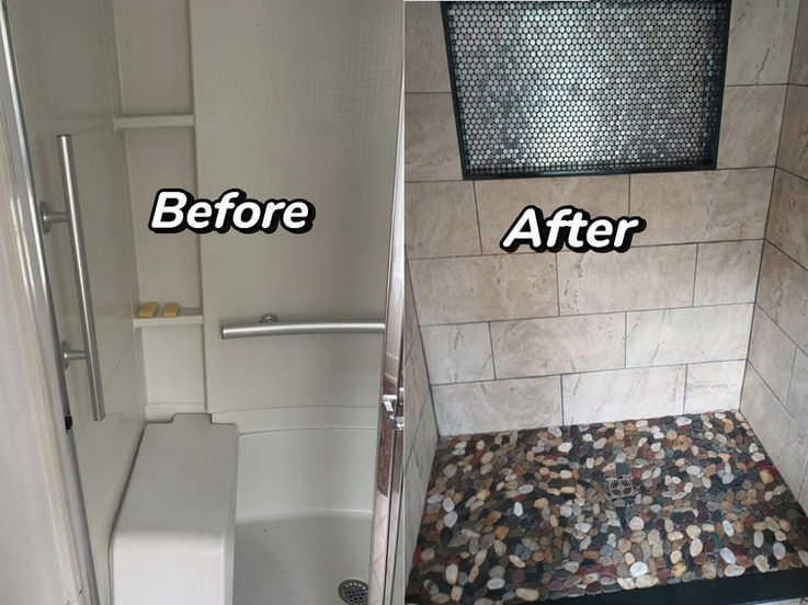 Custom tiled walk-in shower in Wynnewood PA with large-format porcelain tile walls, pebble stone shower floor, and linear glass enclosure.