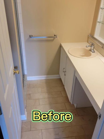 Before and after bathroom remodel in Collegeville PA featuring a curbless walk-in shower, custom vanity, patterned tile floor, and black-framed glass enclosure