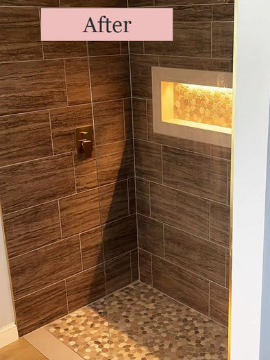 Modern walk-in shower remodel with custom tile and pebble flooring in Collegeville, PA 19426