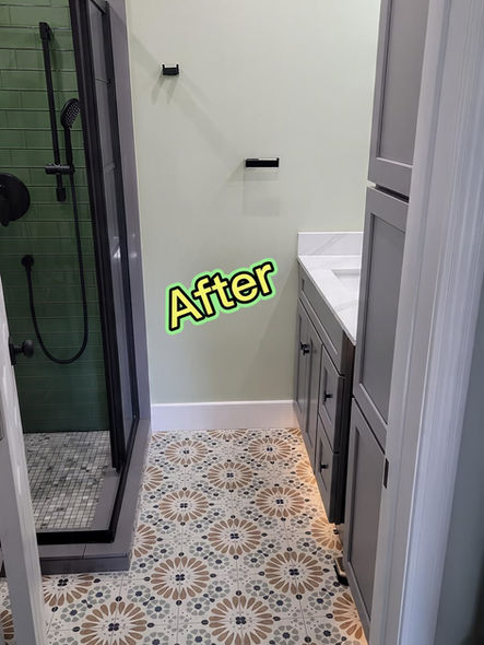 Before and after bathroom remodel in Collegeville PA featuring a curbless walk-in shower, custom vanity, patterned tile floor, and black-framed glass enclosure