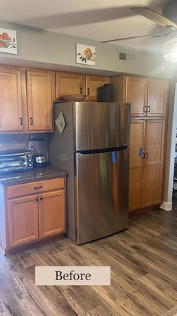 Complete kitchen renovation featuring a transformation from dark wood cabinets and granite countertops to a bright, modern design with cream shaker-style cabinets, quartz countertops, stainless steel appliances, gray stone backsplash, and wood-look flooring